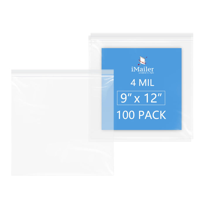 4 Mil 9" x 12" Zip Poly Bags 100 Pack Heavy-Duty Reusable