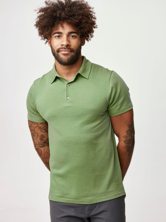 Joe is 6', 180LBS and wears a size L  # Men's Cactus Green Torrey Polo | Fresh Clean Threads