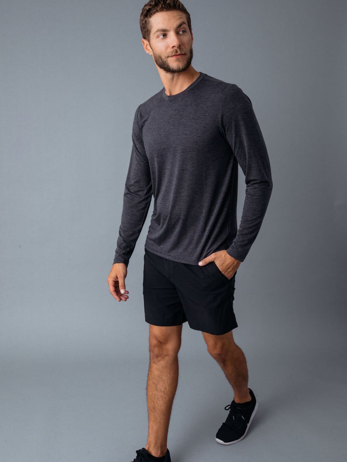 Joe is 6'2, 177LBS and wears a size L # Charcoal Performance Long Sleeves | Fresh Clean Threads