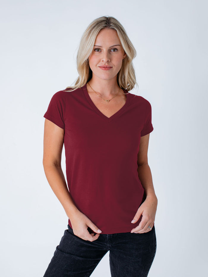 Maddy is 5'8", size 4 and wears a size S # Women's T-Shirt | Cosmic Red V-Neck | Fresh Clean Threads