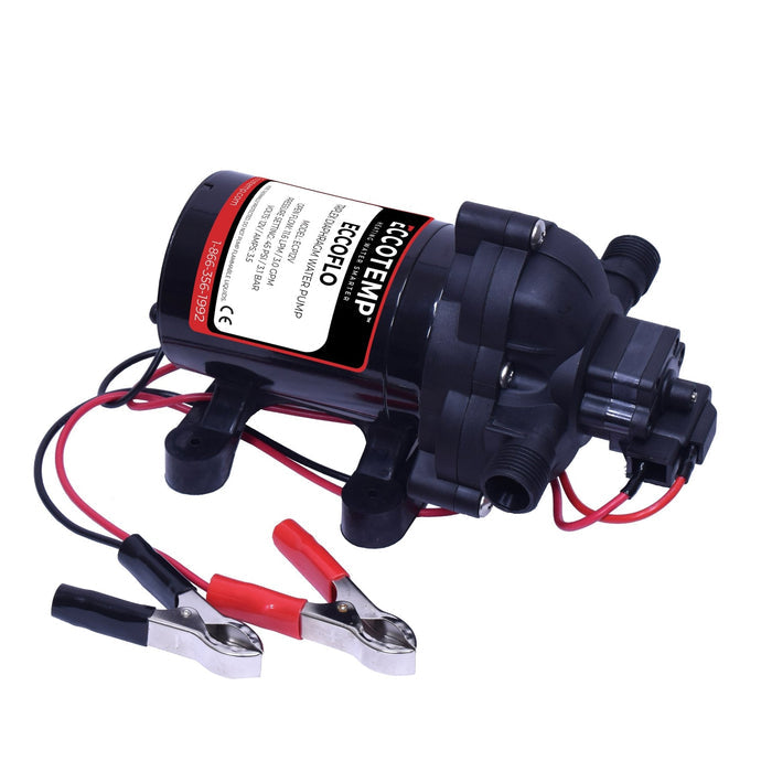 Eccotemp Eccoflo Twelve Volt Triplex Diaphragm Water Pump With Red And Black Alligator Battery Clips