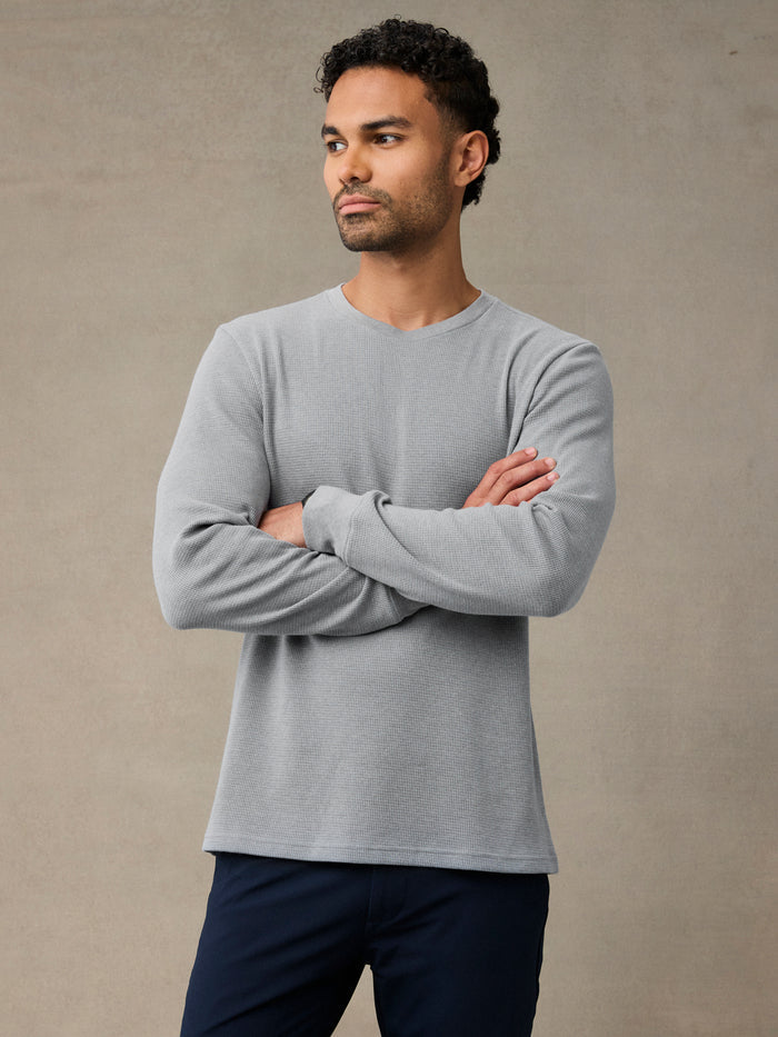 Heather Grey men's waffle knit thermal. Soft, warm, and easy to layer. Warmth that layers clean, wherever the day takes you.