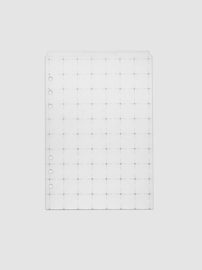 Grid Top Tab Dividers | Ultra-Thin, A5 6-Ring Punch, three frosted white dividers stacked flat so the three staggered top tabs read across the top edge, fine black crosshair grid print and six ring holes down the left