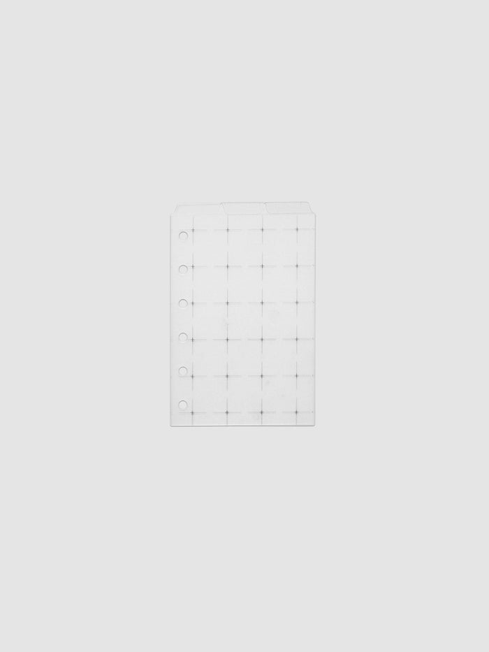 Grid Top Tab Dividers | Ultra-Thin, Pocket 6-Ring Punch, three small frosted white dividers stacked flat with six ring holes down the left and three staggered top tabs