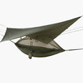 A green olive-colored waterproof hammock system with a mosquito net, set against a white background.