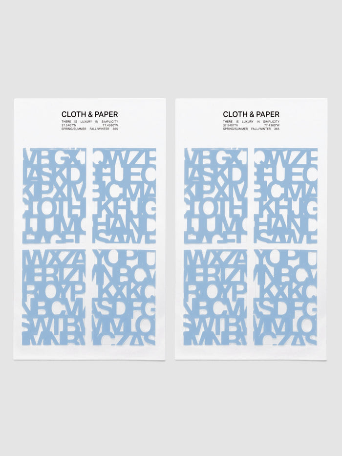 Both Hyacinth sheets of Label Stickers | Precision side by side, showing eight sticker panels of the blue Precision letter pattern