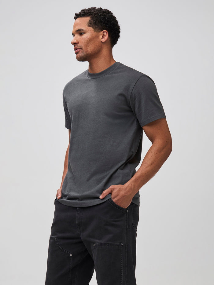 Mikah is 6'1" and wears a size medium # Tuff Tee in Pewter | Crew Tee | Heavy Weight Material for Durability