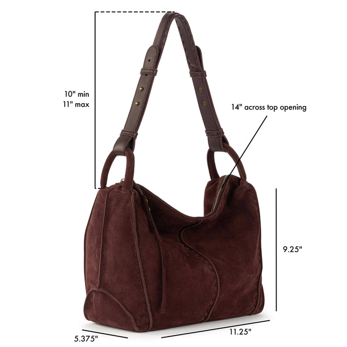 Mahogany suede hobo bag with dual shoulder straps and studded leather trim.
