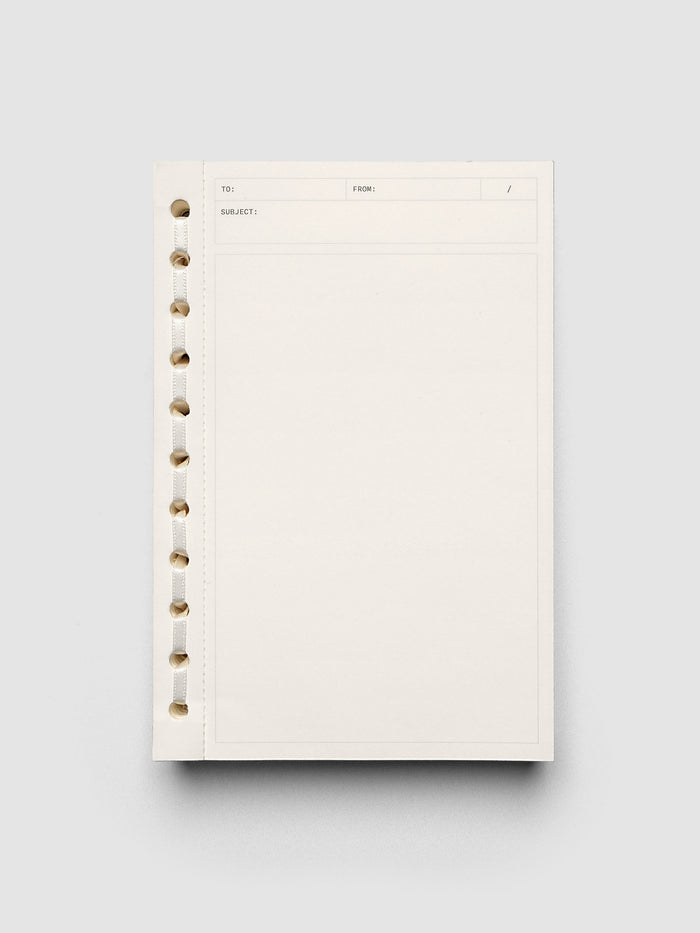 Cream paper tear away Message Pad with ribbon binding.