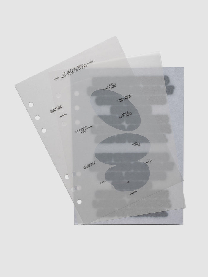 Nuanced Dashboard Trio, A5 6-Ring Punch, all three dashboards fanned and overlapping so the grey and slate blue printed shapes layer through the translucent sheets