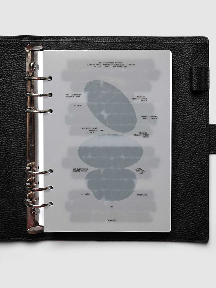 Nuanced Dashboard Trio, A5 6-Ring Punch, dashboard clipped into a black pebbled leather planner with silver rings, seen straight on
