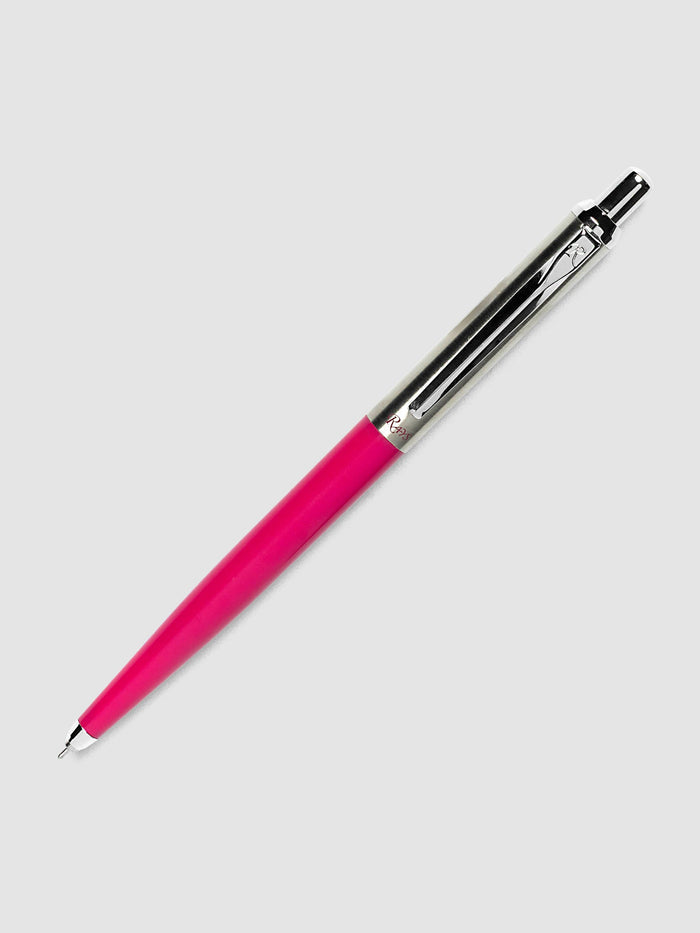 The OHTO Rays Flash Dry Gel Pen | 0.5 mm in Rose Pink, full length, showing the pink lower barrel and the silver metal upper half with a clip