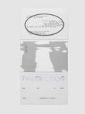 Projection Journaling Card Set, three cards stacked in a column on a light gray background, one white with gray type inside a wide gray oval, one covered edge to edge in a blurred gray and white image, one pale gray with soft blue lettering behind scattered black type