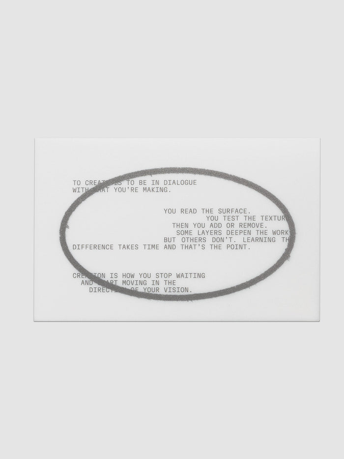 Projection Journaling Card Set, single white card printed with gray typewriter style lines and a hand drawn gray oval ringing the middle passage