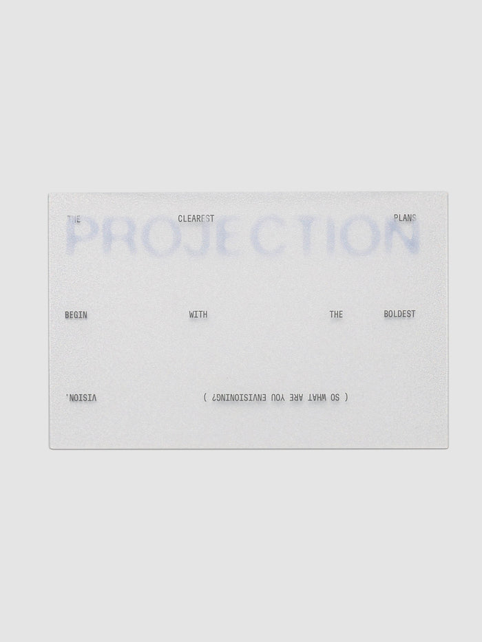 Projection Journaling Card Set, single pale gray card with large soft blue lettering across the top, small black words spaced across the middle, and a black question printed upside down at the base