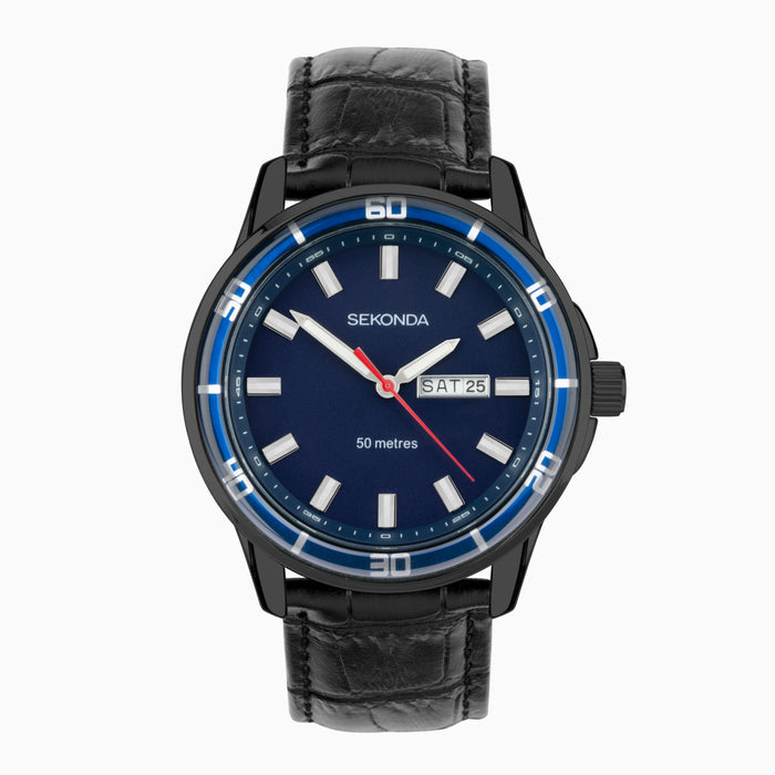 Sekonda Midnight Men's Watch - Black Alloy Case & Leather Strap with Blue Dial