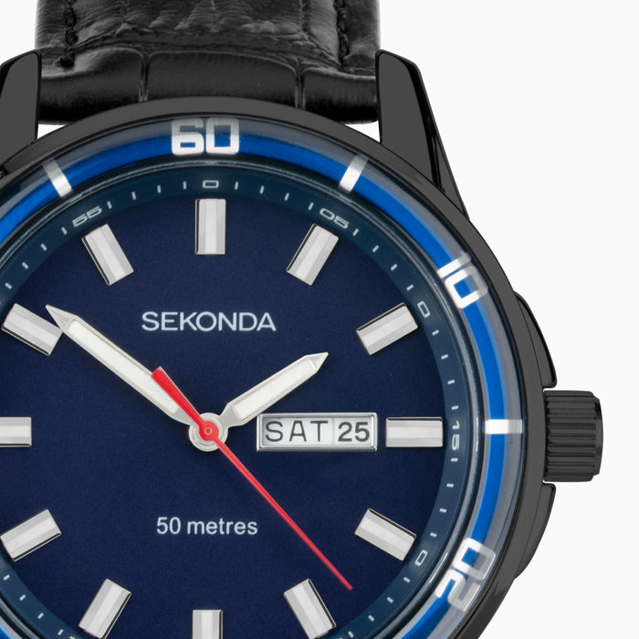 Sekonda Midnight Men's Watch - Black Alloy Case & Leather Strap with Blue Dial