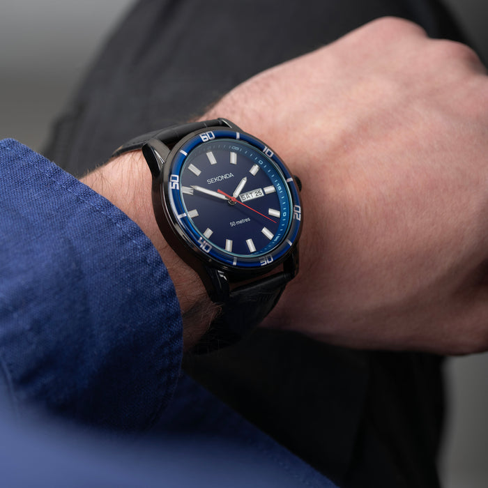 Sekonda Midnight Men's Watch - Black Alloy Case & Leather Strap with Blue Dial