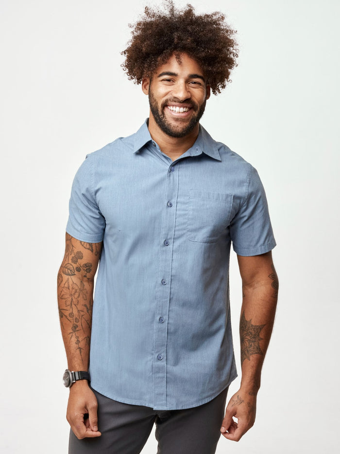 Joe is 6', 180LBS and wears a size L  # Short Sleeve Button Up | Best Sellers 3-Pack | Fresh Clean Threads