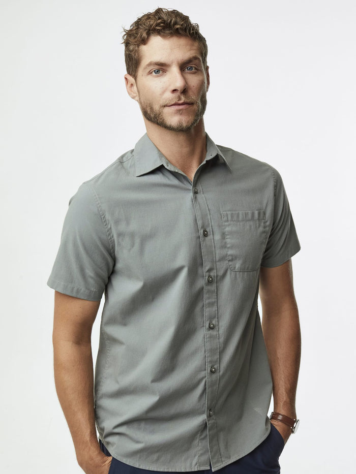 Joe is 6'2, 177LBS and wears a size L # Mercury Green Short Sleeve Stretch Button Up | Essentials 3-Pack | Fresh Clean Threads