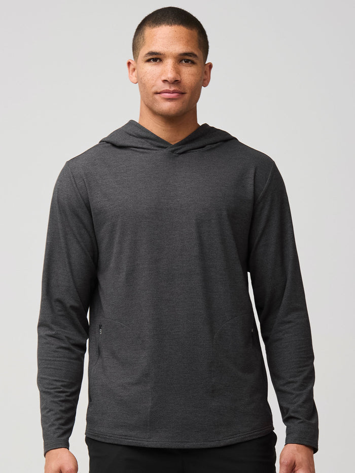 Mikah is 6'1" and wears a size medium # Tech Hoodie in Charcoal | Updated Style at Fresh Clean Threads