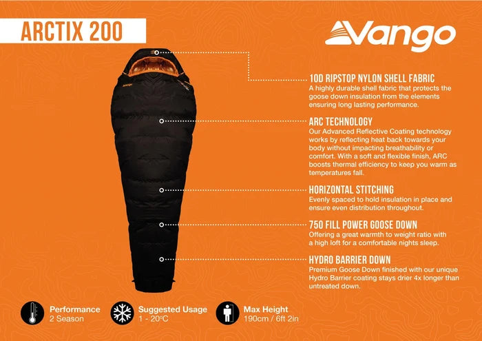 Vango Arctix 200 Lightweight Down Sleeping Bag - Meteorite