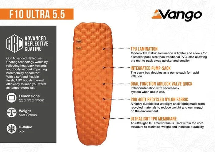 Vango F10 Ultra 5.5 Ultralight Sleeping Mat - Burnt Orange