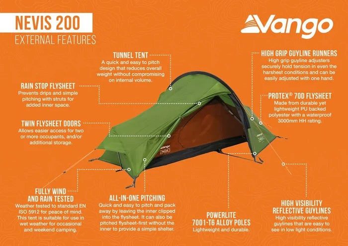 Vango Nevis 200 2 Person Lightweight Trekking Tent - Pamir Green