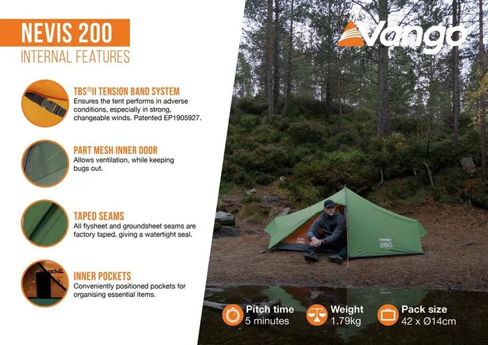 Vango Nevis 200 2 Person Lightweight Trekking Tent - Pamir Green