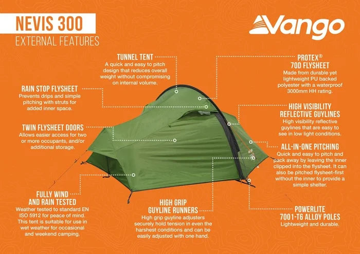 Vango Nevis 300 3 Person Lightweight Trekking Tent - Pamir Green