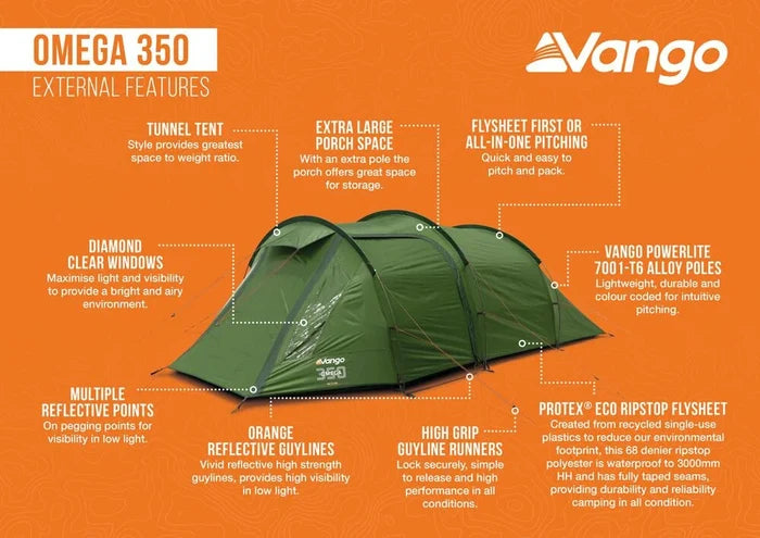 Vango Omega 350 3 Person Tunnel Tent - Forest Green