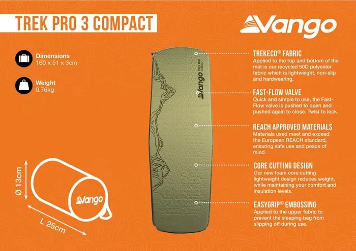 Vango Trek Pro 3 Compact Camping Mat - Light Olive
